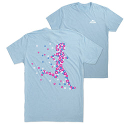 Light blue t-shirt with a colorful floral running woman design on the back, displayed front and back.