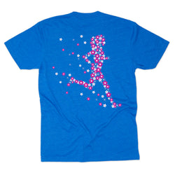 Blue t-shirt with a colorful floral runner graphic design on the back against a white background