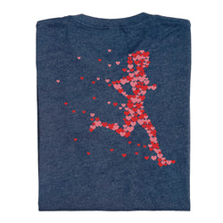 Folded blue t-shirt with a red heart-shaped person design on a white background