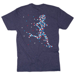 Navy blue t-shirt with a colorful graphic of a running person with stars on the back against a white background