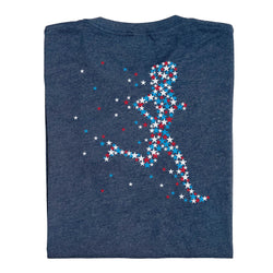 Folded blue t-shirt with a star-patterned running person design on a white background