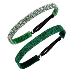 Two green headbands, one with rhinestones and one with glitter, on a white background.