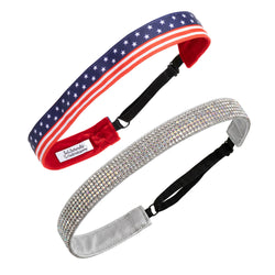 Two headbands, one with American flag pattern and the other with rhinestones, on a white background.