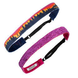 Two headbands, one with a colorful pattern and the other pink glittery, on a white background.