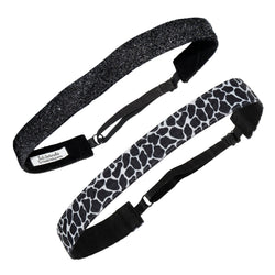 Two headbands, one black and one with a black and white giraffe pattern, on a white background.