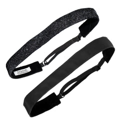 One black glittery headband and one plain black headband on a white background