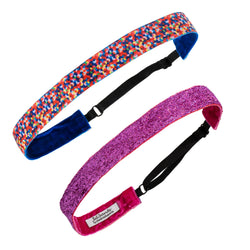Two headbands, one multicolored and one pink glittery, on a white background.