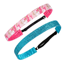 Two headbands, one pink camouflage and one blue glitter, on a white background