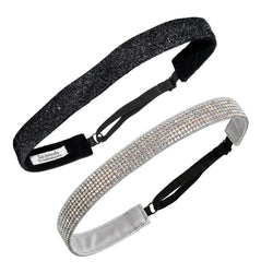Two headbands, one black glittery and one silver with rhinestones, on a white background.