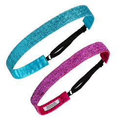 Two glittery headbands, one blue and one pink, on a white background.