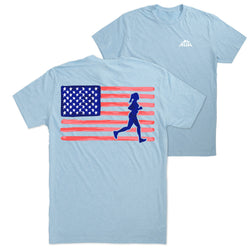 Light blue t-shirt with American flag and running woman design on a white background