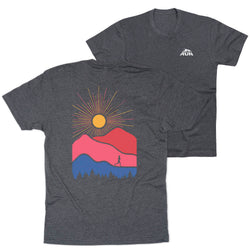 Gray t-shirt with a colorful mountain and sun design on the back, displayed with another plain gray t-shirt.