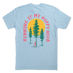 Light blue t-shirt with 'Running is my Happy Hour' graphic on a white background