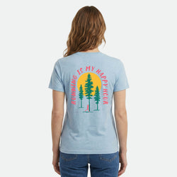 Person wearing a light blue t-shirt with a nature-themed happy hour runner graphic on the back