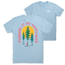 Light blue t-shirt with 'Running is my Happy Hour' graphic on a white background
