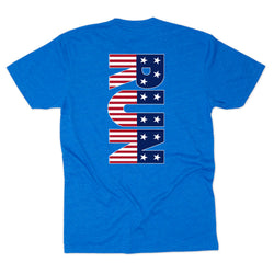 Blue t-shirt with American flag RUN design on a white background