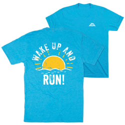 Light blue t-shirt with 'Wake Up and Run!' graphic on a white background