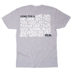 Gray t-shirt with white running text on a white background