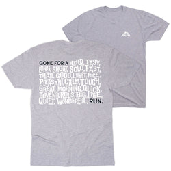 Gray t-shirt with running text on a white background