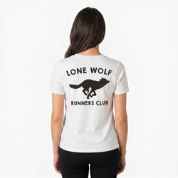 Person wearing a white t-shirt with 'Lone Wolf Runners Club' design on the back.