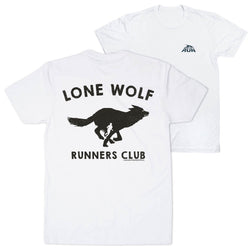 White t-shirt with black 'Lone Wolf Runners Club' design on a white background