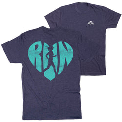Navy t-shirt with teal 'RUN' design featuring a running person, displayed on a white background.