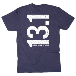 Navy blue t-shirt with '13.1 Half Marathon' text on a white background