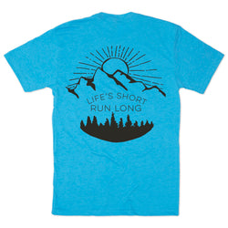 Blue t-shirt with black mountain and sun design and 'Life's Short, Run Long' text on a white background