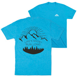 Light blue t-shirt with black mountains and dun graphic design and text 'Life's Short Run Long' on a white background