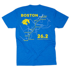 Royal blue t-shirt with Boston Marathon  route design on back.