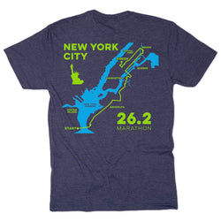 Navy short sleeve tee with New York City marathon route design on the back.