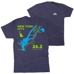Navy blue t-shirt with a map of New York City marathon route and '26.2 Marathon' text on a white background.