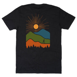Black t-shirt with a mountain and sun design on a white background