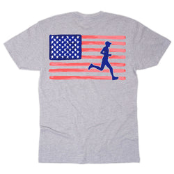Gray t-shirt with American flag and running person graphic on a white background