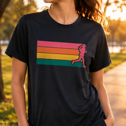 A woman wearing a black short-sleeve t-shirt with a retro graphic of horizontal pink, orange, yellow, and green stripes and a pink running silhouette, set against a blurred outdoor park background at sunset.
