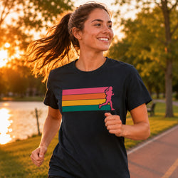 A woman running in a park at sunset wearing a black t-shirt with a retro striped graphic in pink, orange, yellow, and green, and a pink silhouette of a running woman.