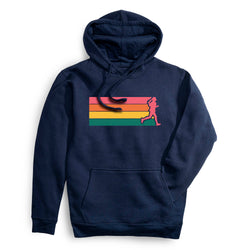 A navy blue pullover hoodie with a front kangaroo pocket and drawstrings, featuring a chest graphic of a pink silhouette runner against horizontal pink, orange, yellow, and green stripes.