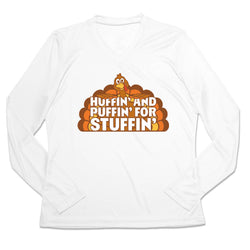 A white long-sleeve V-neck athletic shirt featuring a cartoon turkey graphic and the text 'HUFFIN' AND PUFFIN' FOR STUFFIN'' printed on the front, displayed on a clean white background.