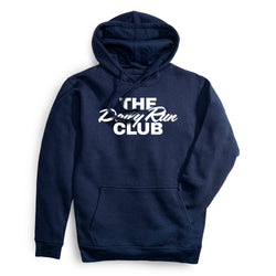 A navy blue pullover hoodie with a white graphic text print reading 'THE Daily Run CLUB' on the chest, displayed against a clean white background.
