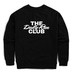 A black crewneck sweatshirt with 'THE Daily Run CLUB' printed in white across the chest, displayed on a clean white background.