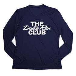 A navy blue long-sleeve V-neck athletic shirt with 'THE Daily Run CLUB' printed in bold white text across the chest, displayed on a clean white background.