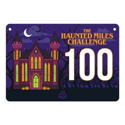 A square Halloween-themed decorative sign or plate with rounded corners, featuring a purple haunted castle, orange pumpkins, bare trees, a crescent moon, and the text 'THE HAUNTED MILES CHALLENGE' on a white background.
