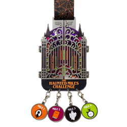 The Haunted Miles Challenge medal with a gate and image of a haunted mansion. Below medal are four dangling round mile markers, shown on a plain white background. Image is moving showing the gates opening.