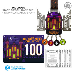 The Haunted Miles Challenge race package, featuring a purple haunted house themed race medal with hanging charms, a matching race bib, a haunted story and informational graphics on a white background.