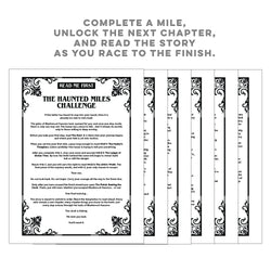 A set of illustrated story ornate black scroll borders and text, arranged in a fan layout below a headline that reads, 'COMPLETE A MILE, UNLOCK THE NEXT CHAPTER, AND READ THE STORY AS YOU RACE TO THE FINISH.'.