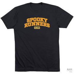 A black short-sleeve crewneck t-shirt with 'SPOOKY RUNNERS CLUB' printed in yellow and orange varsity-style lettering on the chest, shown against a plain white background.