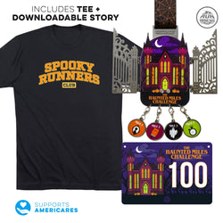 The Haunted Miles Challenge race package, featuring a purple haunted house themed race medal with hanging charms, a matching race bib, a tee with the design Spooky Runners Club and informational graphics on a white background.
