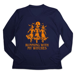 A navy blue long-sleeve V-neck t-shirt with an orange graphic of three witches and the text 'RUNNING WITH MY WITCHES' printed on the chest, displayed against a solid white background.