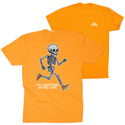 Two bright orange t-shirts shown on a white background, displaying the front and back views. The back of the shirt features a black and white running skeleton graphic with the text 'I'M A NIGHTMARE BEFORE A RUN' printed below.