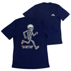 Two navy blue V-neck t-shirts shown on a white background, displaying the front and back designs. The back features a white cartoon skeleton running with orange shoes and the text 'I'M A NIGHTMARE BEFORE A RUN'.